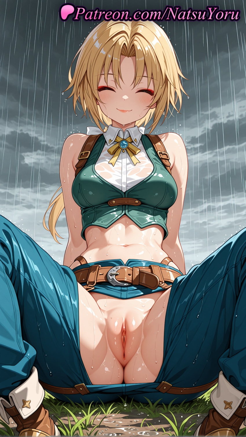 1girl 1girl 1girls 2025 ^_^ ai ai_assisted ai_generated anime anime_style anus anus arm_support arms_behind_back asian bangs bare_shoulders belt big_breasts blonde_hair blue_pants blush boots breasts brown_belt brown_footwear bust closed_eyes closed_mouth cloud cloudy_sky collared_shirt crop_top crotchless facing_viewer female_focus female_only final_fantasy final_fantasy_ix grass grey_sky hentai high_quality high_res high_res high_resolution labia labia_majora long_hair low_ponytail m_legs makeup medium_breasts midriff natsuyoru navel neck_ribbon no_panties on_ground outside overcast pants parted_bangs patreon ponytail pussy pussy rain ribbon shirt sitting sky sleeveless sleeveless_shirt smile solo_female spread_legs stable_diffusion stomach uncensored vest voluptuous voluptuous_female wet wet_clothes white_shirt yellow_ribbon zidane_tribal